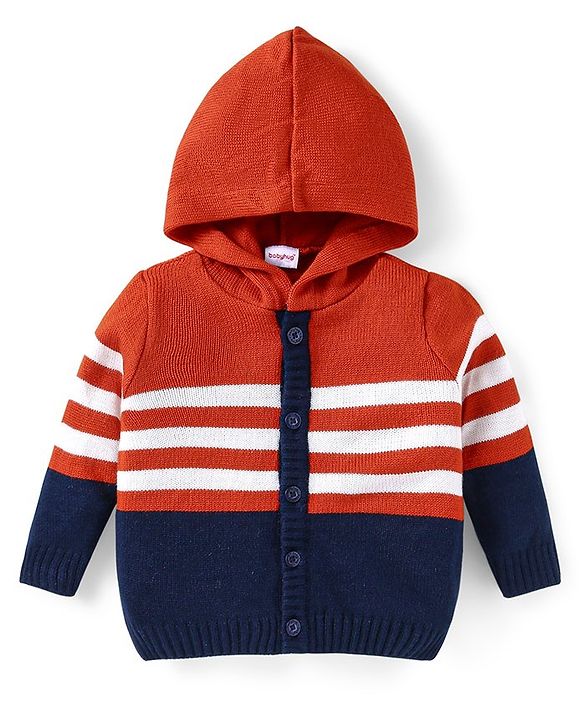 Babyhug Knitted Full Sleeves Front Open Hooded Sweater Set With Stripes - Orange White & Navy Blue