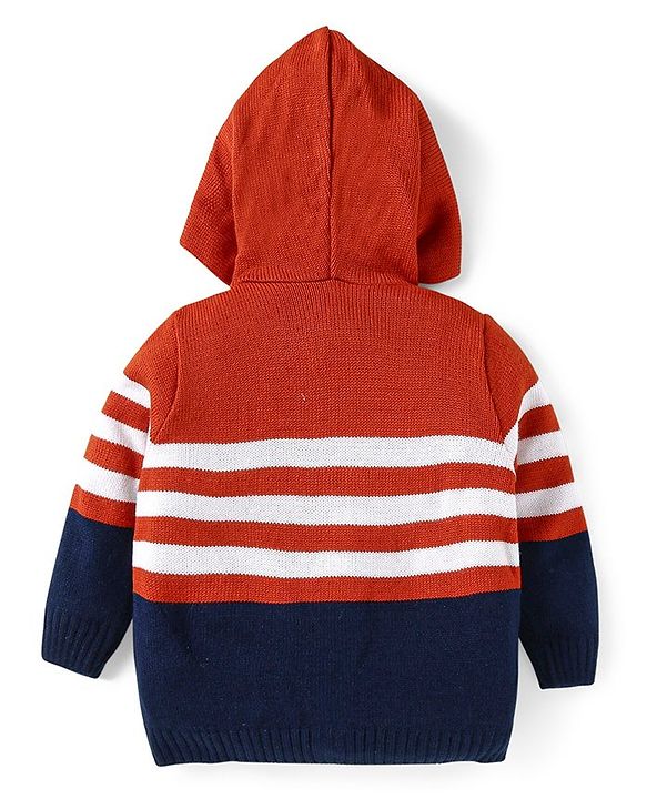 Babyhug Knitted Full Sleeves Front Open Hooded Sweater Set With Stripes - Orange White & Navy Blue