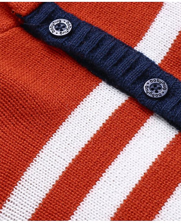 Babyhug Knitted Full Sleeves Front Open Hooded Sweater Set With Stripes - Orange White & Navy Blue