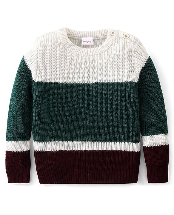 Babyhug Knitted Full Sleeves Pullover Sweater Set with Colour Block Design - Green White &  Maroon