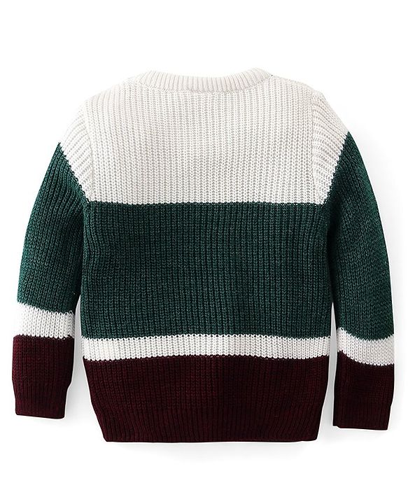 Babyhug Knitted Full Sleeves Pullover Sweater Set with Colour Block Design - Green White &  Maroon