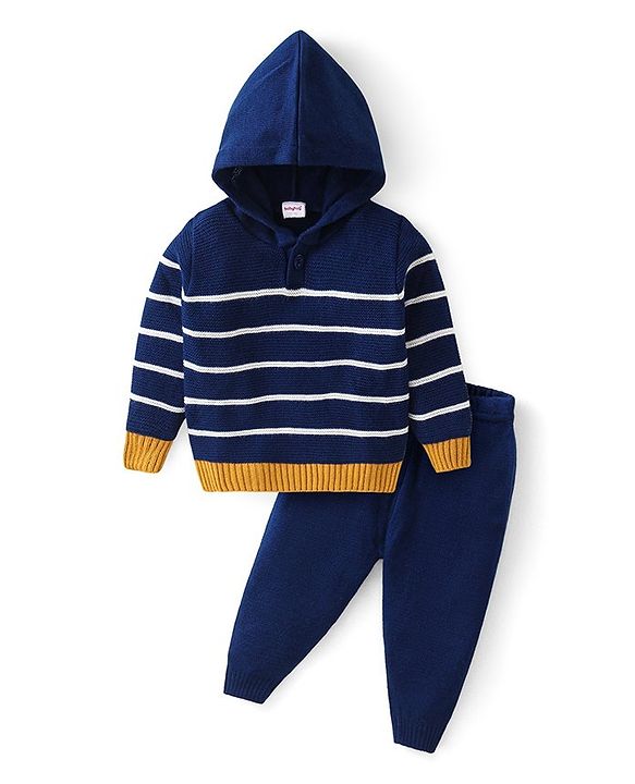 Babyhug Knitted Full Sleeves Striped Hooded Sweater Set - Navy Blue White & Yellow