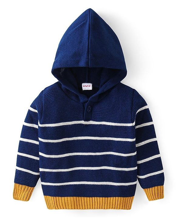 Babyhug Knitted Full Sleeves Striped Hooded Sweater Set - Navy Blue White & Yellow