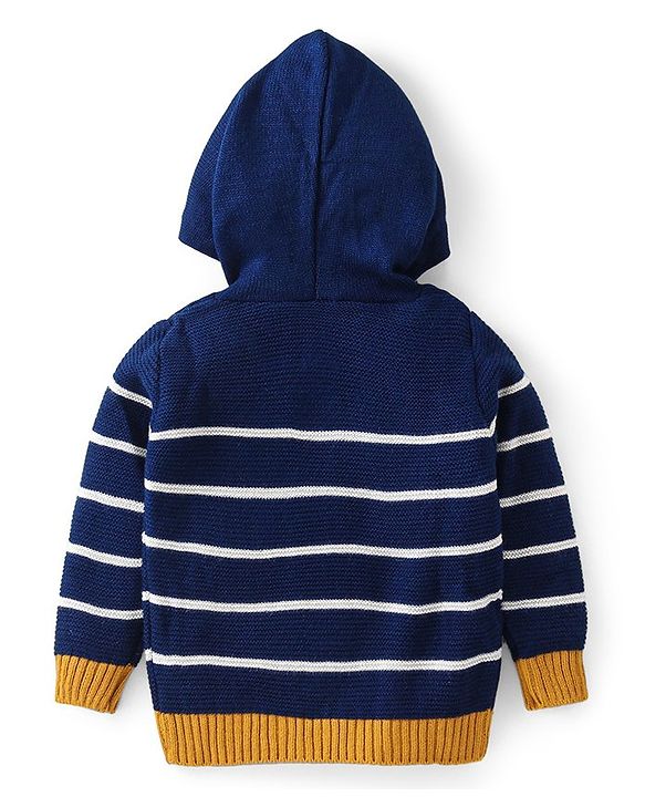 Babyhug Knitted Full Sleeves Striped Hooded Sweater Set - Navy Blue White & Yellow