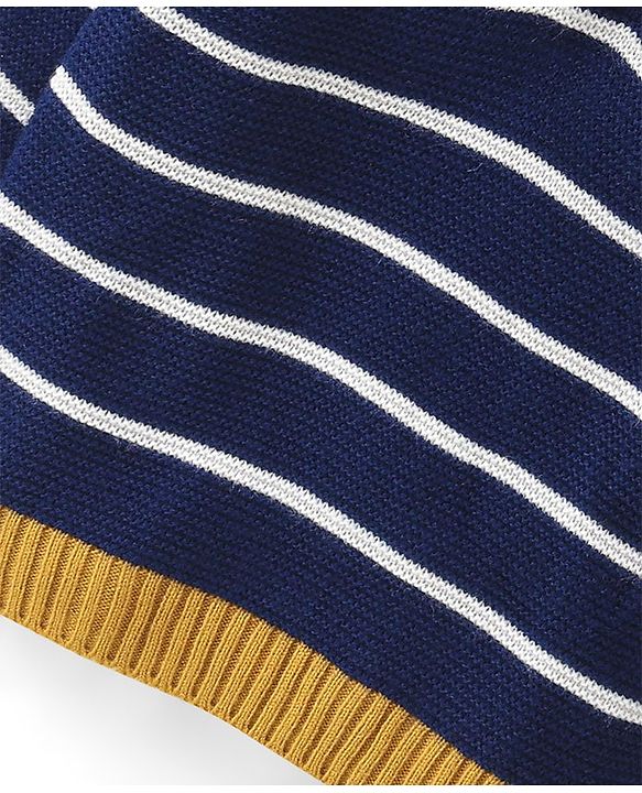Babyhug Knitted Full Sleeves Striped Hooded Sweater Set - Navy Blue White & Yellow