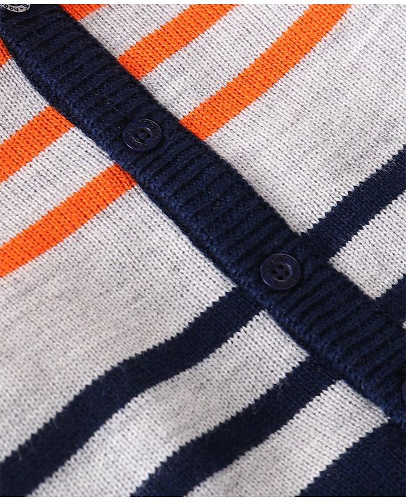 Babyhug Knitted Full Sleeves Striped Hooded Front Open Sweater Set - Navy Blue Grey & Orange