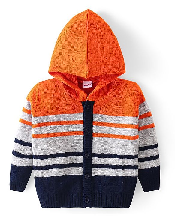 Babyhug Knitted Full Sleeves Striped Hooded Front Open Sweater Set - Navy Blue Grey & Orange