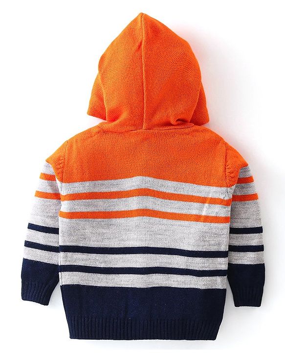 Babyhug Knitted Full Sleeves Striped Hooded Front Open Sweater Set - Navy Blue Grey & Orange