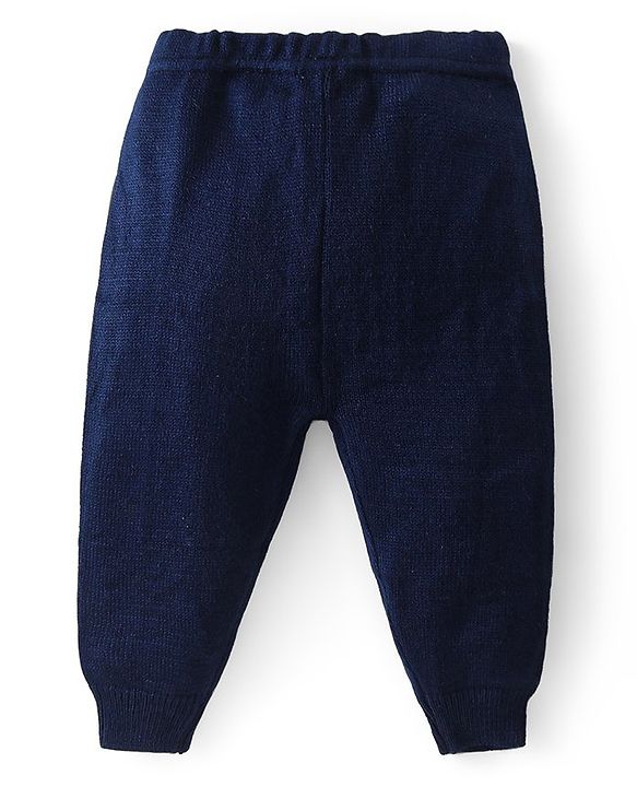 Babyhug Knitted Full Sleeves Striped Hooded Front Open Sweater Set - Navy Blue Grey & Orange