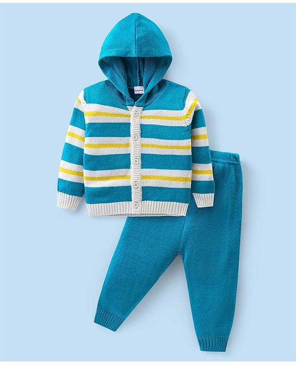 Babyhug Knitted Full Sleeves Striped Hooded Sweater Set - Blue & Yellow