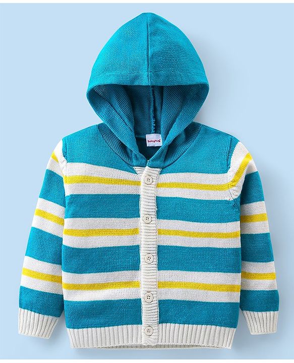 Babyhug Knitted Full Sleeves Striped Hooded Sweater Set - Blue & Yellow