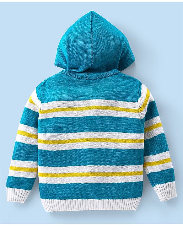 Babyhug Knitted Full Sleeves Striped Hooded Sweater Set - Blue & Yellow