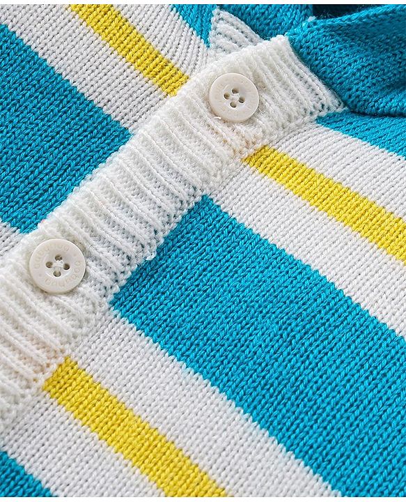 Babyhug Knitted Full Sleeves Striped Hooded Sweater Set - Blue & Yellow