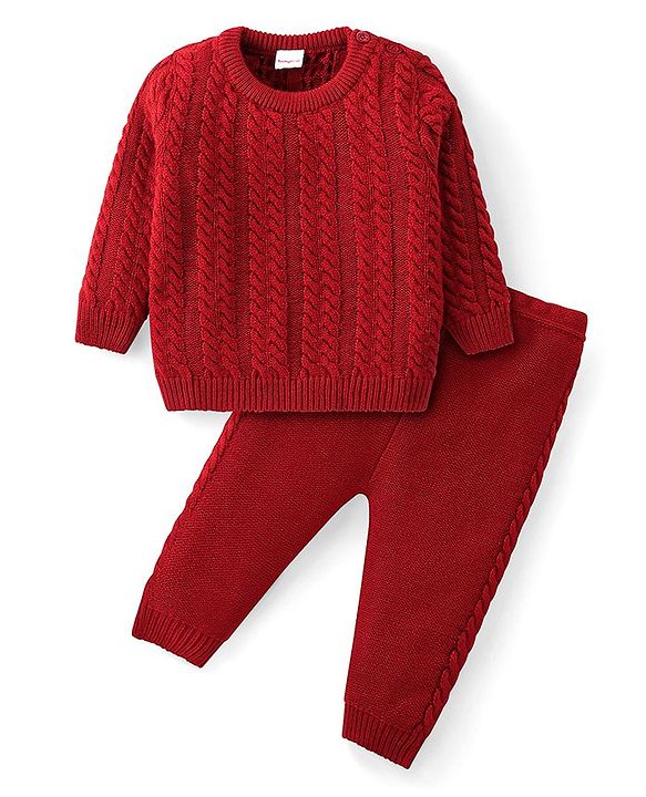 Babyhug Knit Full Sleeves Sweater Set with Cable Knit Design - Rust