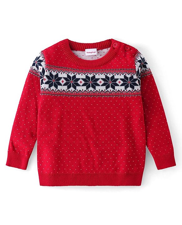 Babyhug Knitted Full Sleeves Sweater Set with Floral Design - Red