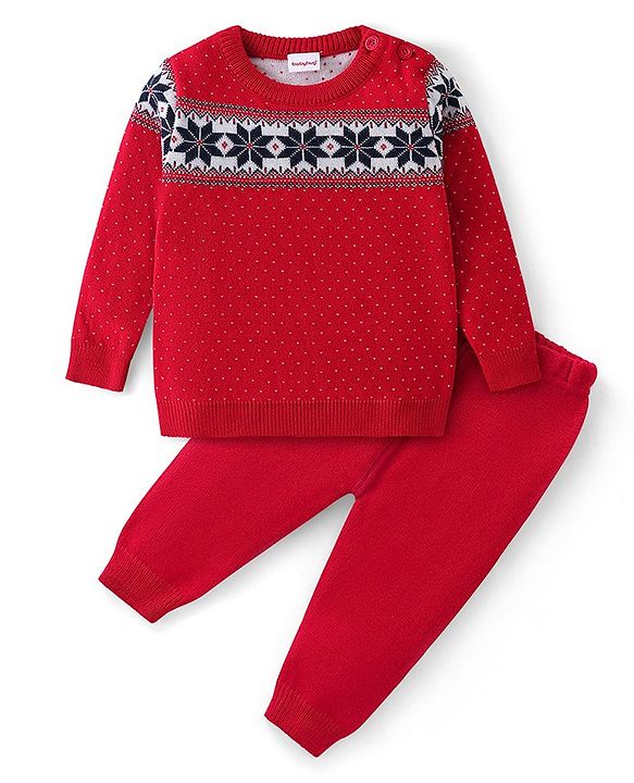 Babyhug Knitted Full Sleeves Sweater Set with Floral Design - Red