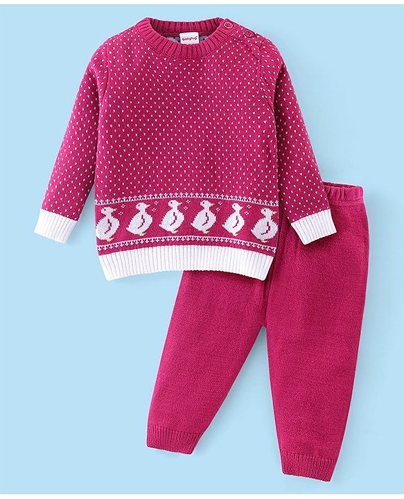 Babyhug Knitted Full Sleeves Sweater Set with Duck Design - Pink