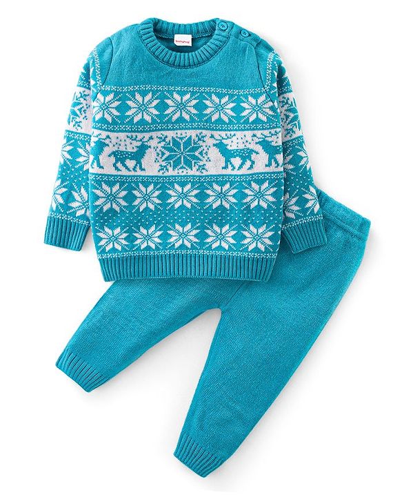 Babyhug Knit Full Sleeves Sweater Set with Aztec & Reindeer Design - Blue
