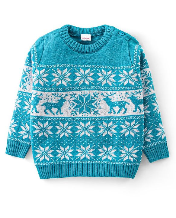 Babyhug Knit Full Sleeves Sweater Set with Aztec & Reindeer Design - Blue