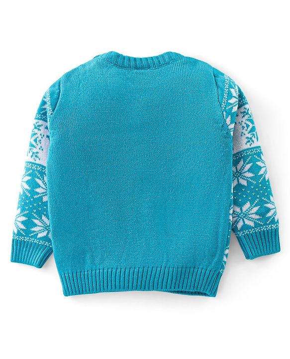 Babyhug Knit Full Sleeves Sweater Set with Aztec & Reindeer Design - Blue