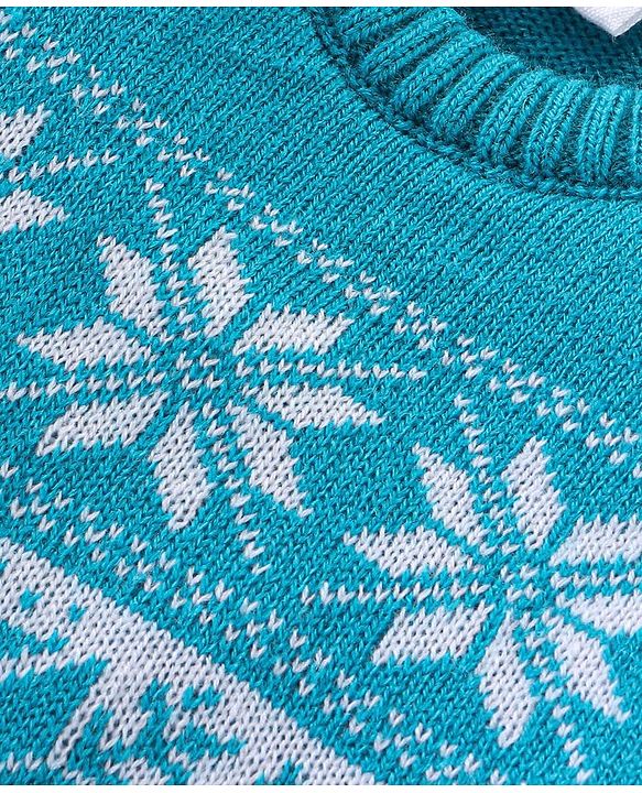 Babyhug Knit Full Sleeves Sweater Set with Aztec & Reindeer Design - Blue