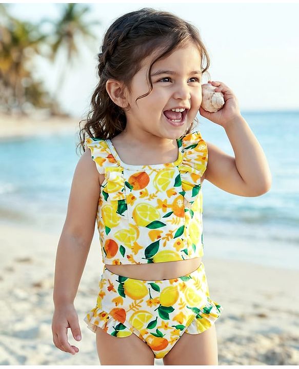 Babyhug Water Repellant Sleeveless Two Piece Swimsuit with Frill Detailing Fruits Print - Yellow