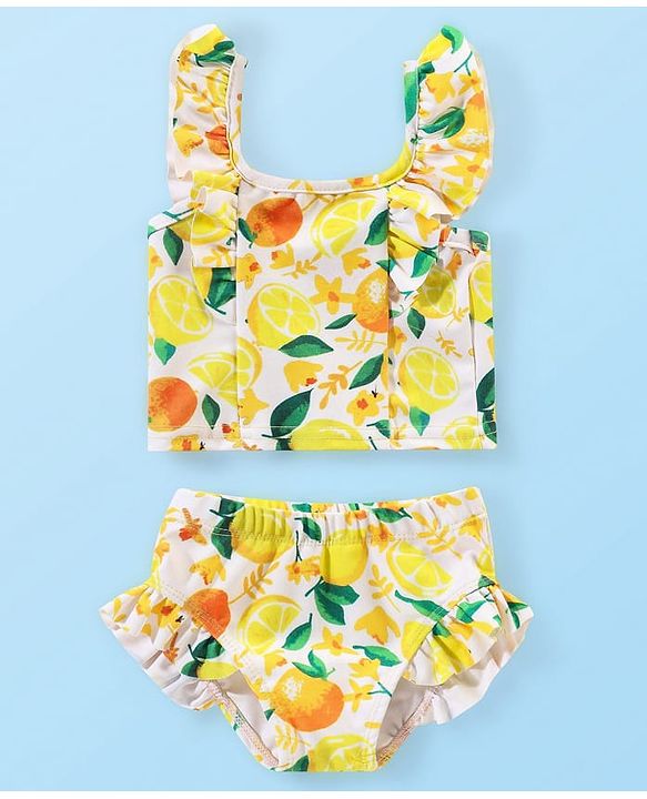 Babyhug Water Repellant Sleeveless Two Piece Swimsuit with Frill Detailing Fruits Print - Yellow