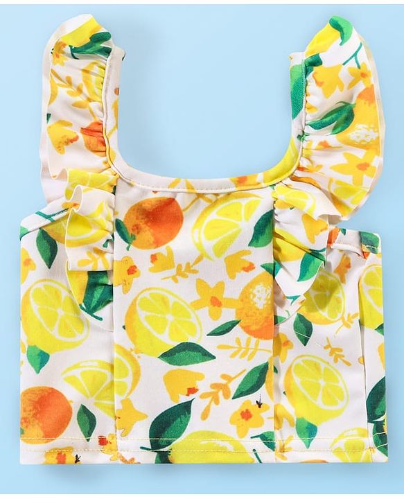 Babyhug Water Repellant Sleeveless Two Piece Swimsuit with Frill Detailing Fruits Print - Yellow
