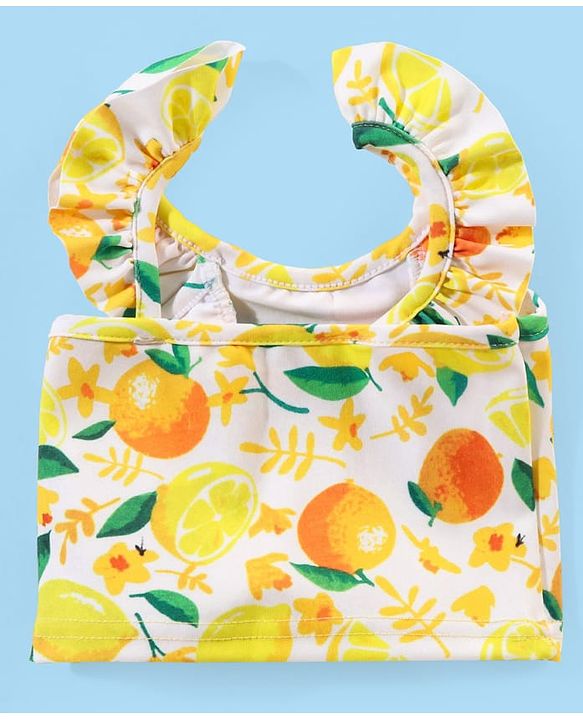 Babyhug Water Repellant Sleeveless Two Piece Swimsuit with Frill Detailing Fruits Print - Yellow