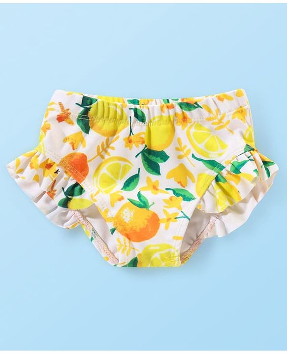 Babyhug Water Repellant Sleeveless Two Piece Swimsuit with Frill Detailing Fruits Print - Yellow