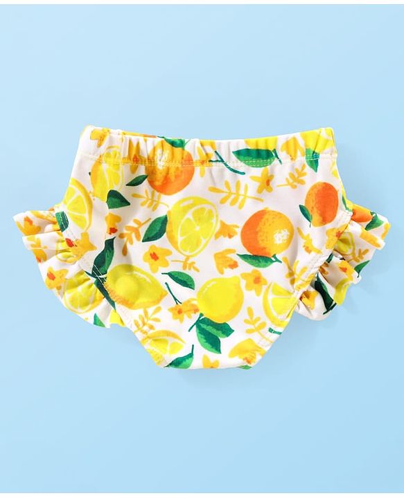 Babyhug Water Repellant Sleeveless Two Piece Swimsuit with Frill Detailing Fruits Print - Yellow