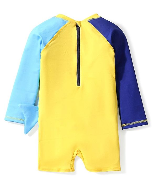 Babyhug Full  Sleeves Water Repellent Legged Swimsuit with Dino Print - Yellow