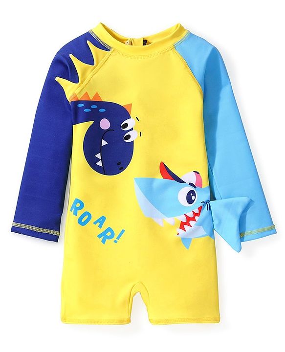 Babyhug Full  Sleeves Water Repellent Legged Swimsuit with Dino Print - Yellow