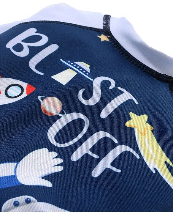 Babyhug Water Repellant Full Sleeves Legged Swimsuit Space Theme - Navy Blue