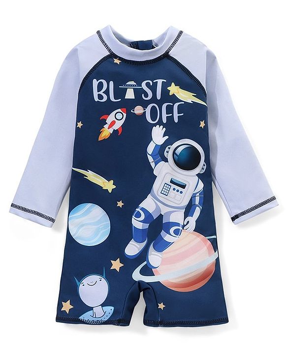 Babyhug Water Repellant Full Sleeves Legged Swimsuit Space Theme - Navy Blue