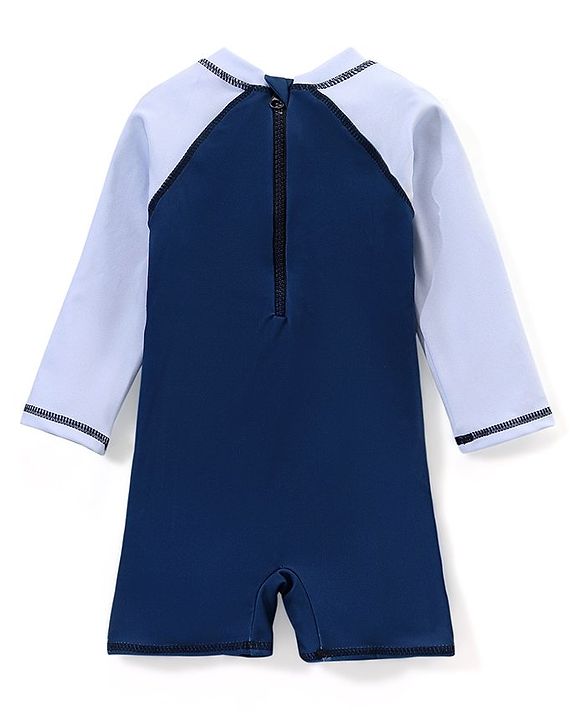 Babyhug Water Repellant Full Sleeves Legged Swimsuit Space Theme - Navy Blue