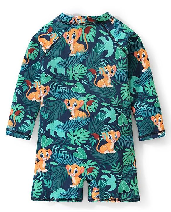 Babyhug Water Repellant Full Sleeves Legged Swimsuit Leaves Print - Navy Blue