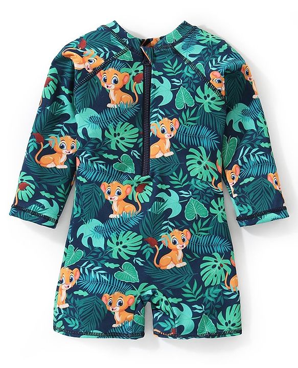 Babyhug Water Repellant Full Sleeves Legged Swimsuit Leaves Print - Navy Blue