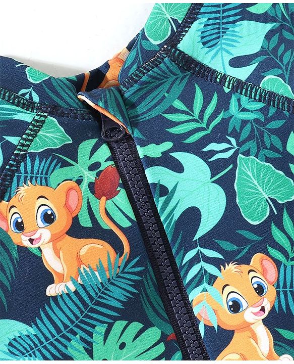 Babyhug Water Repellant Full Sleeves Legged Swimsuit Leaves Print - Navy Blue