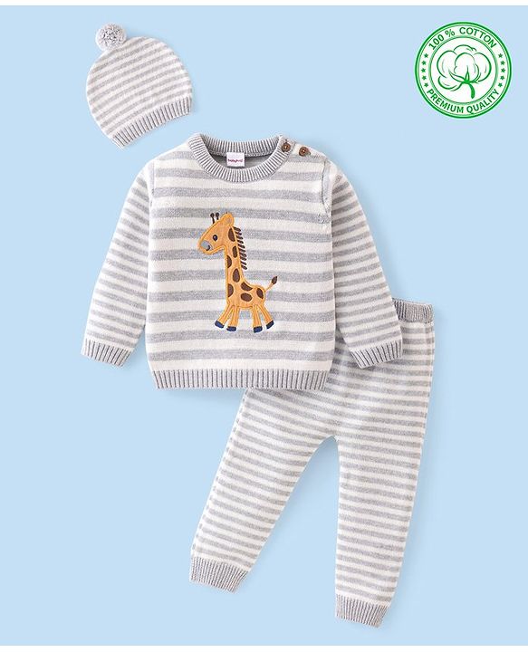 Babyhug Organic Cotton Knit Full Sleeves Striped Sweater Set & Cap with Giraffe Design - Grey & White