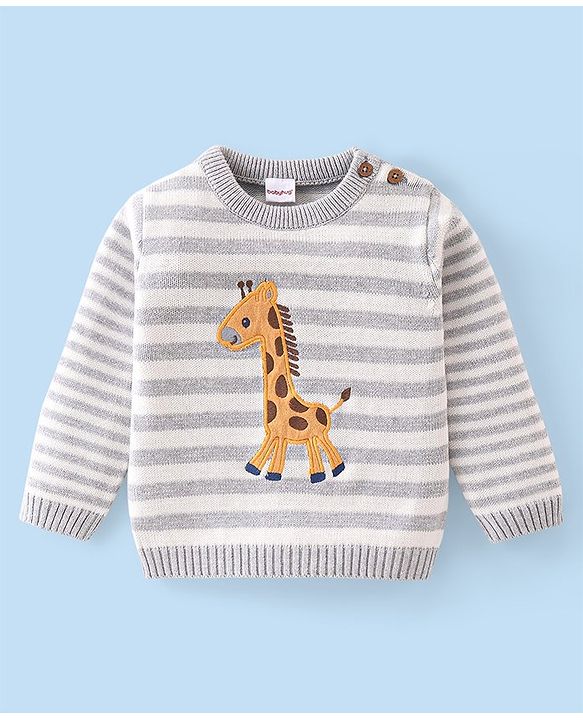 Babyhug Organic Cotton Knit Full Sleeves Striped Sweater Set & Cap with Giraffe Design - Grey & White