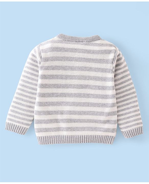 Babyhug Organic Cotton Knit Full Sleeves Striped Sweater Set & Cap with Giraffe Design - Grey & White