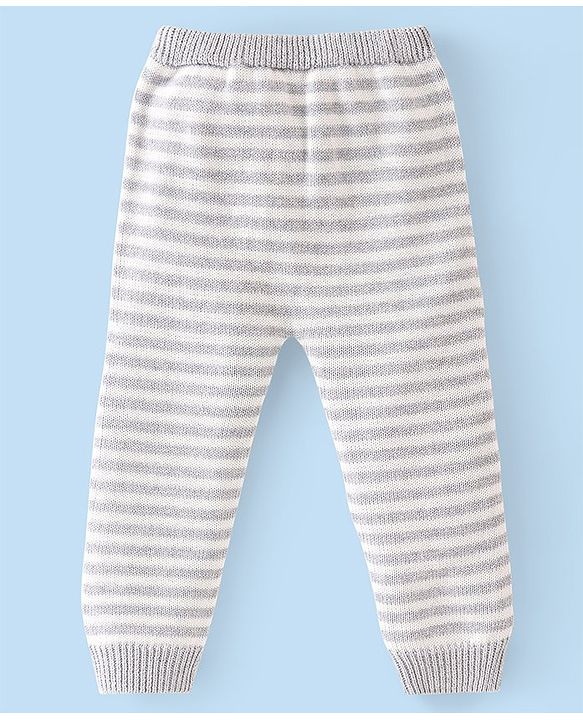 Babyhug Organic Cotton Knit Full Sleeves Striped Sweater Set & Cap with Giraffe Design - Grey & White