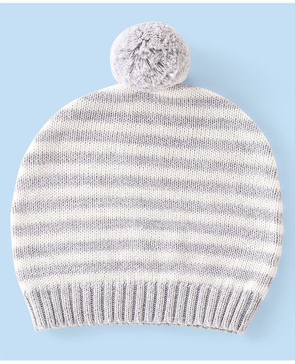 Babyhug Organic Cotton Knit Full Sleeves Striped Sweater Set & Cap with Giraffe Design - Grey & White
