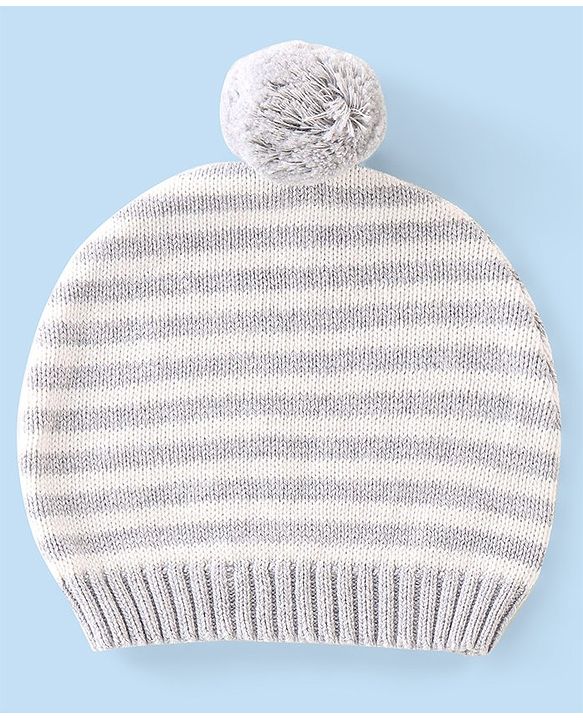 Babyhug Organic Cotton Knit Full Sleeves Striped Sweater Set & Cap with Giraffe Design - Grey & White