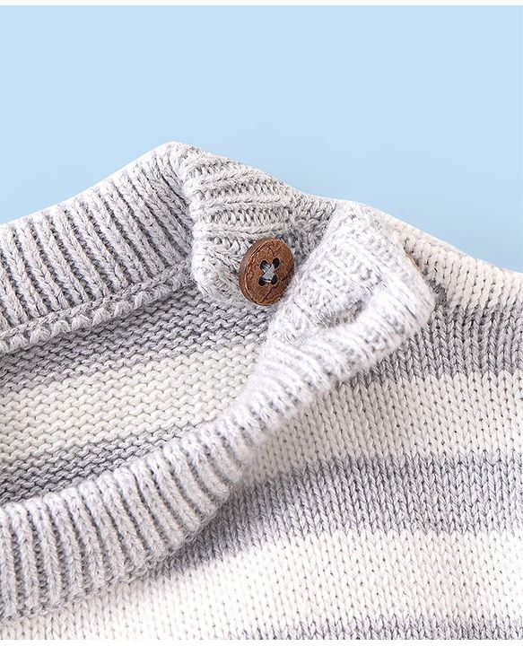 Babyhug Organic Cotton Knit Full Sleeves Striped Sweater Set & Cap with Giraffe Design - Grey & White