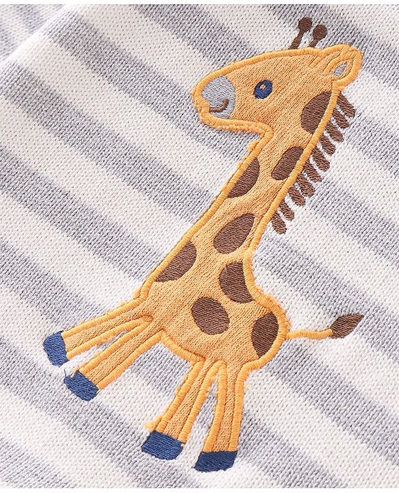 Babyhug Organic Cotton Knit Full Sleeves Striped Sweater Set & Cap with Giraffe Design - Grey & White