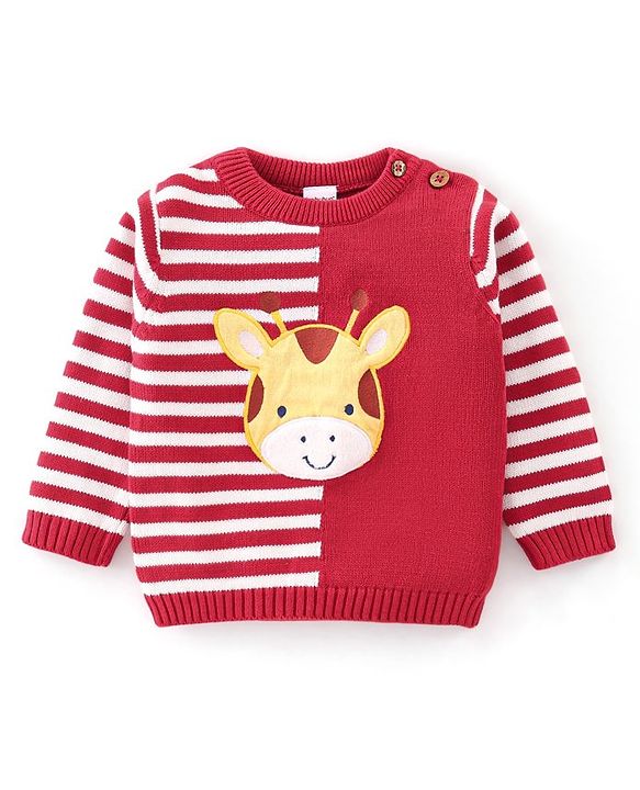 Babyhug Organic Cotton Knit Full Sleeves Sweater Set with Cap Reindeer Patch & Stripes - Red & White