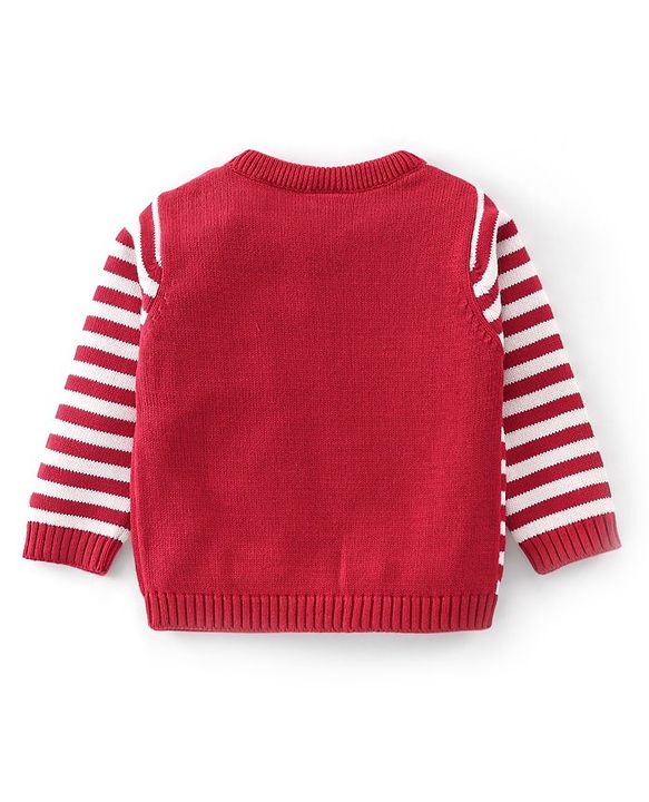 Babyhug Organic Cotton Knit Full Sleeves Sweater Set with Cap Reindeer Patch & Stripes - Red & White