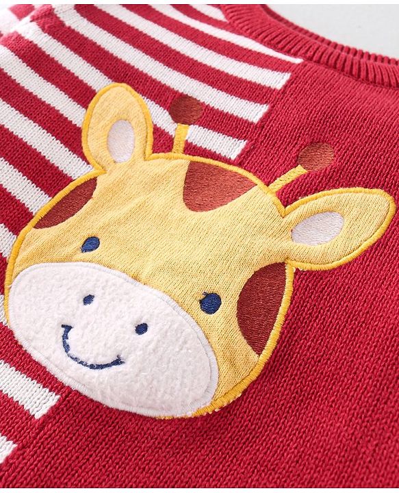Babyhug Organic Cotton Knit Full Sleeves Sweater Set with Cap Reindeer Patch & Stripes - Red & White